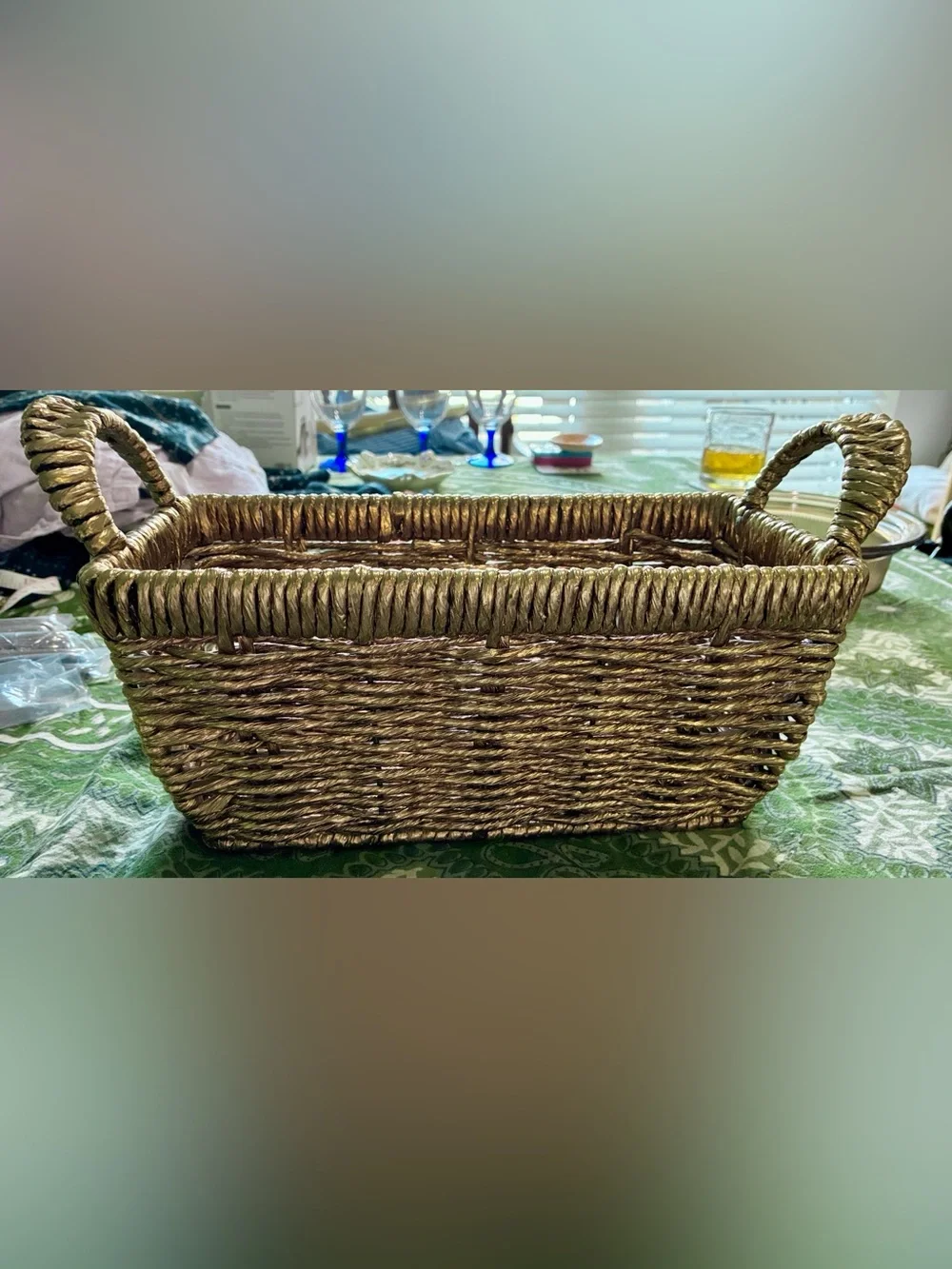 Metallic Gold Woven Abaca Rope Basket, Late 20th Century Rectangle with Handles.